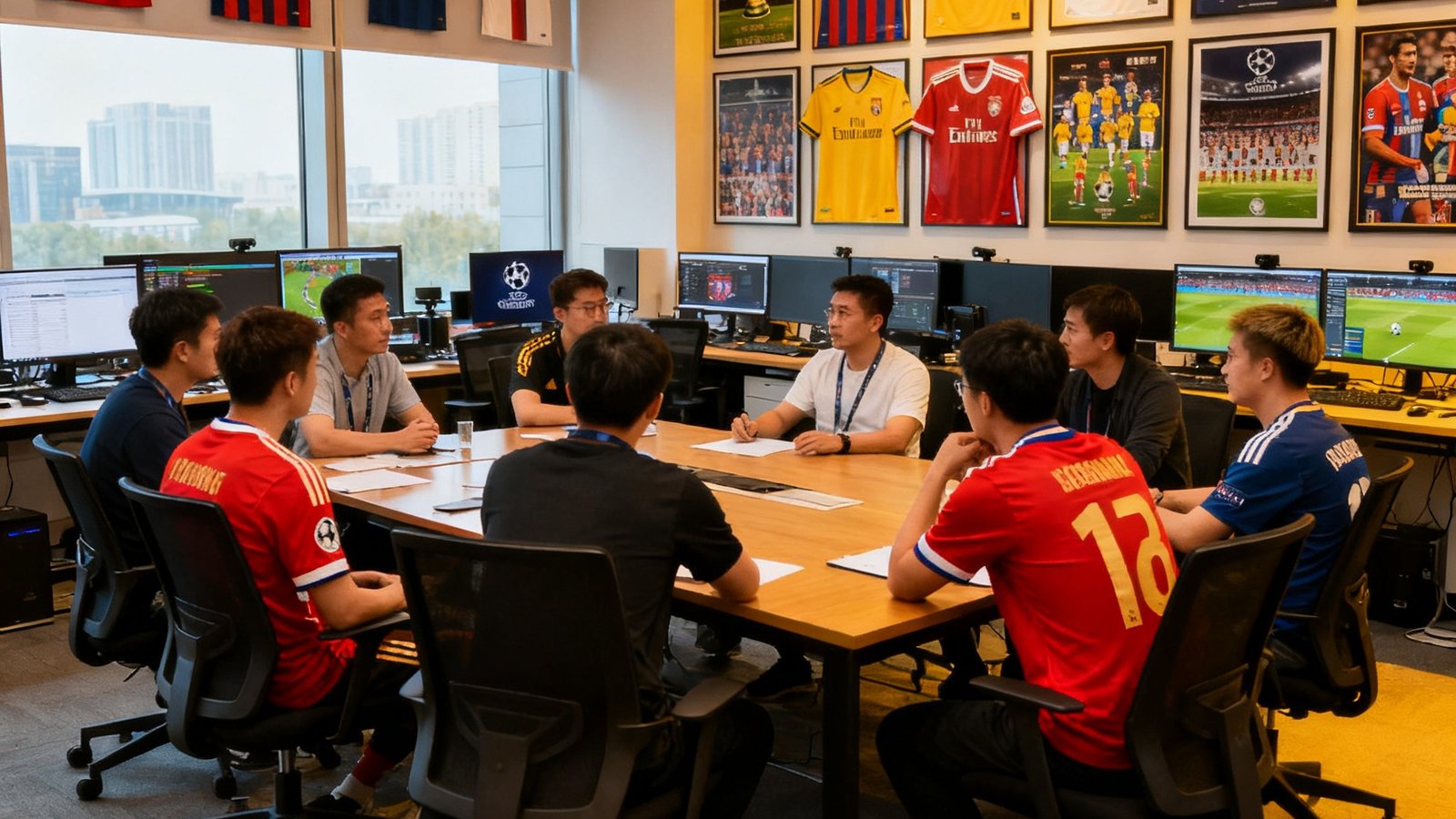天下足球网北京总部办公室内，编辑团队围坐在长桌前讨论欧冠赛事报道方案，墙上挂满各队球衣和历届世界杯海报