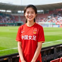 一位年轻女性球迷穿着中国女足红色球衣在球场边微笑的照片