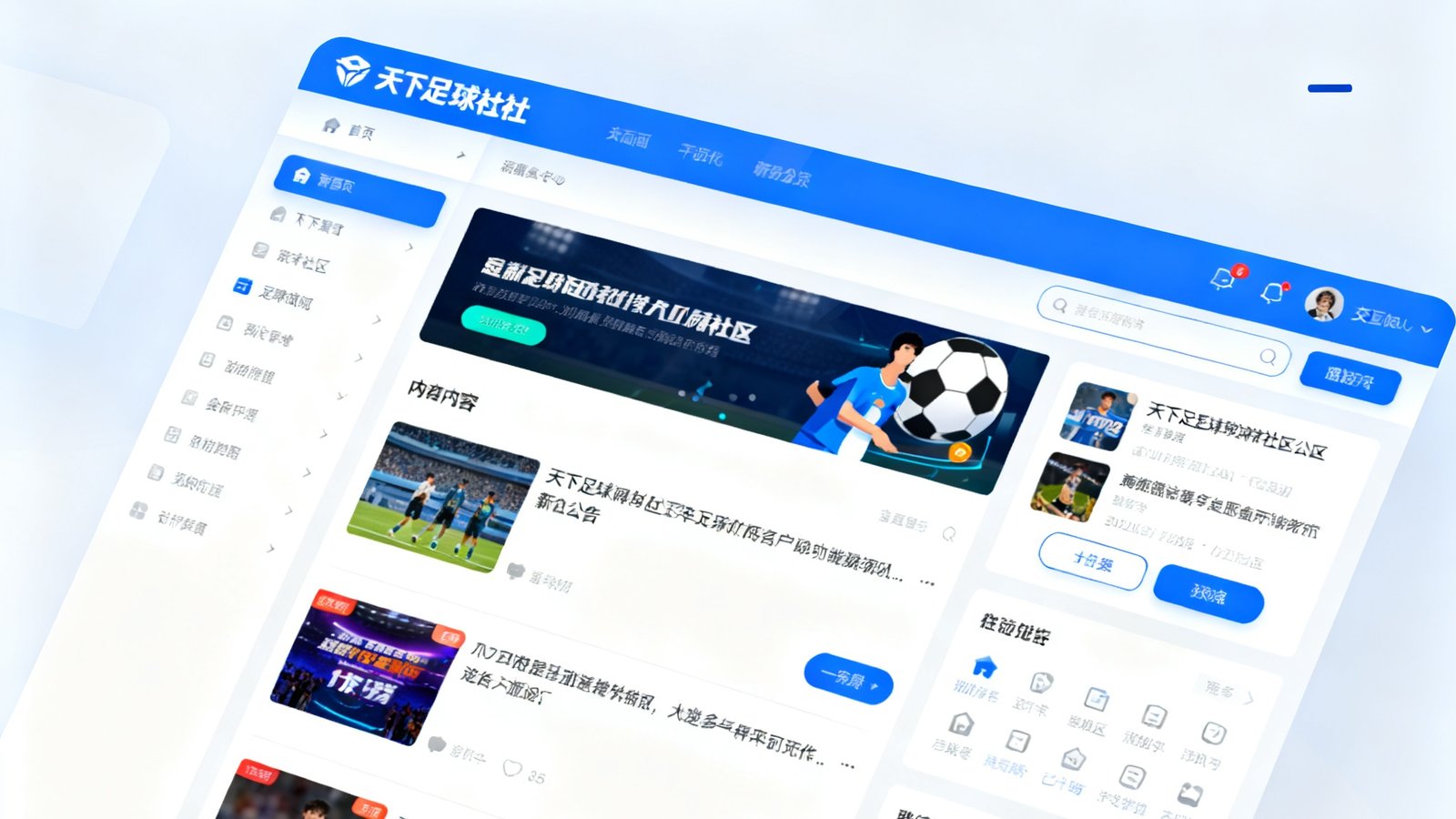 天下足球网社区2025年7月功能更新公告的封面图，展示新版界面设计的预览效果