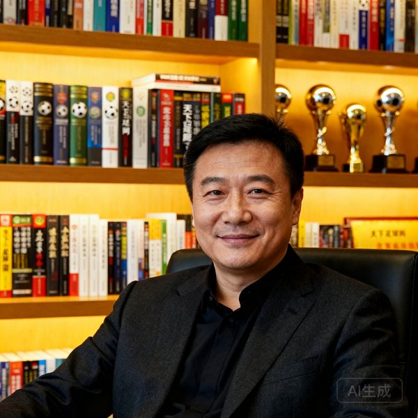 天下足球网创始人陈志远在北京总部办公室中的半身肖像照,背景是满墙的足球书籍和奖杯