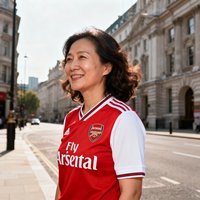 一位30多岁的华人女性球迷在伦敦街头穿着阿森纳球衣的街拍照片