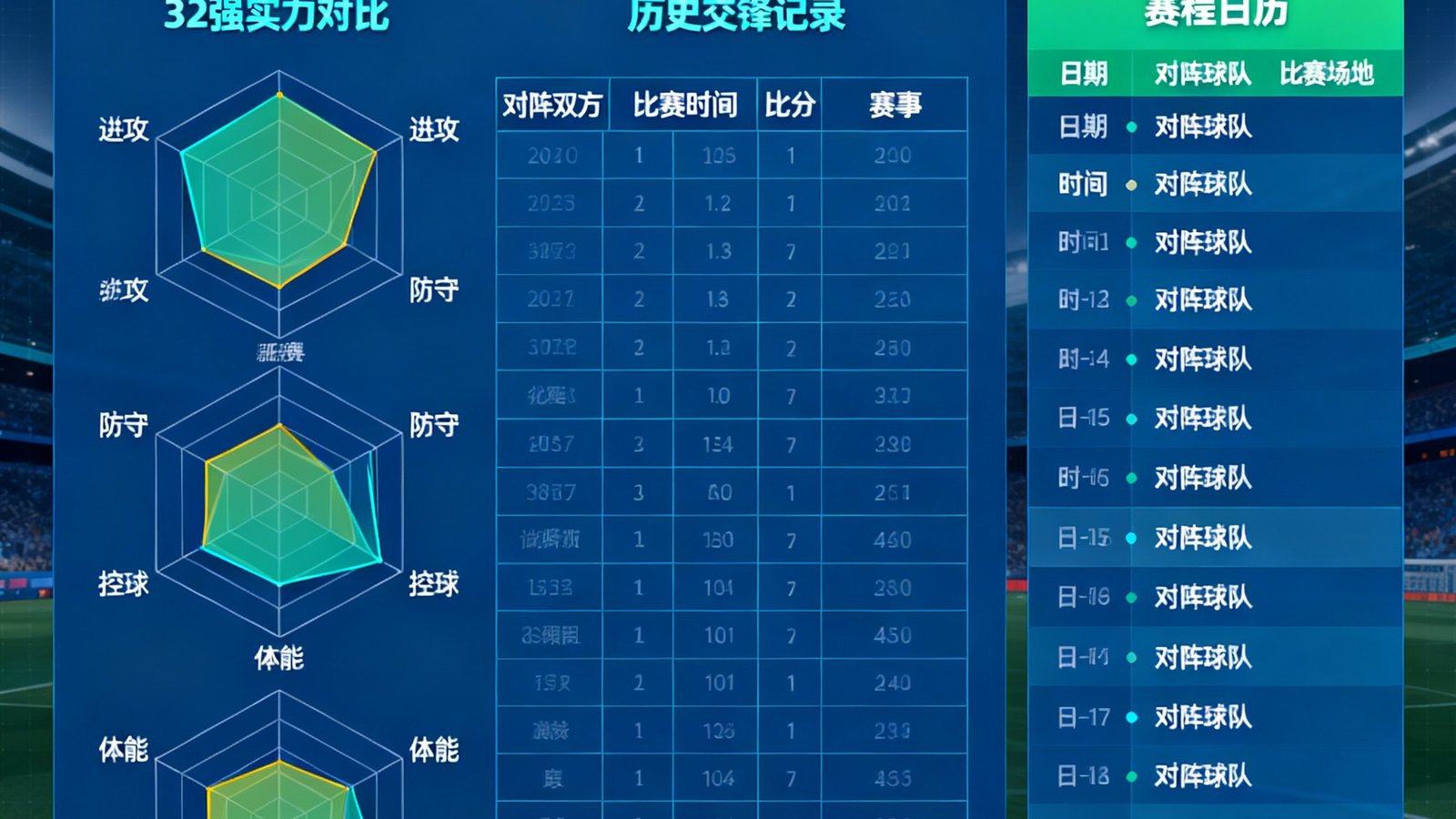 天下足球网世界杯专题页面的数据可视化界面，展示32支参赛球队的实力雷达图、历史交锋记录和赛程表